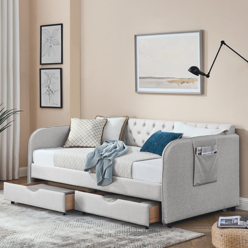 Lit de jour simple rembourré avec lit gigogne et deux tiroirs de rangement, accoudoirs plats avec poche, lit de jour extensible pour le salon de la chambre à coucher, lin