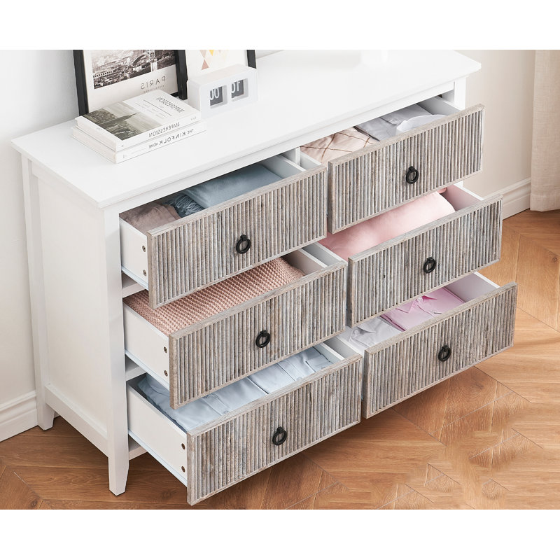 Armoire ondulée à grande capacité à six tiroirs convenant aux chambres et aux salons, Blanc / Gris