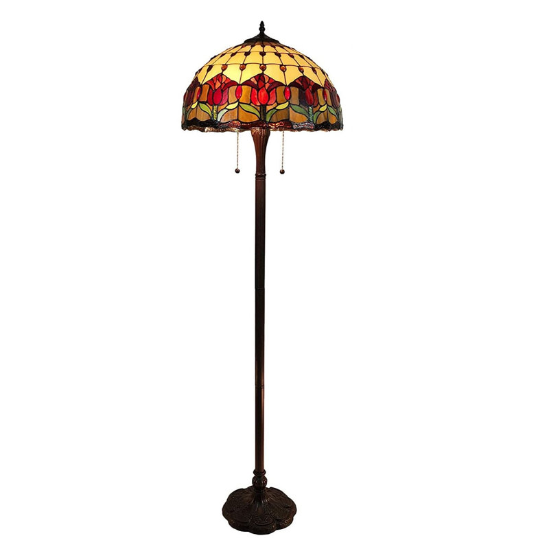 Lampe sur pied 62 "à deux lumières 62" avec abat-jour dôme en verre coloré rouge