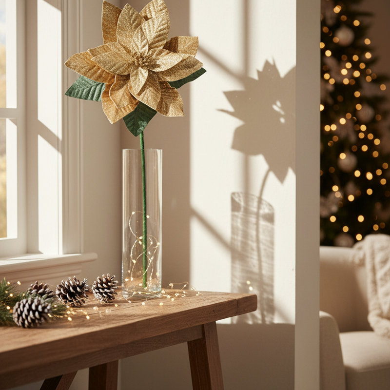 Poinsettia pailleté de 85 cm avec tige et feuilles dorées, Gold, H 33,5 po x l 11,8 po, Gold