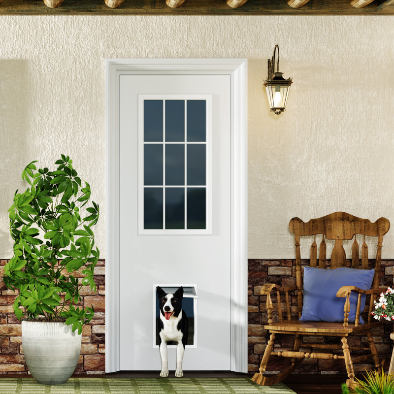 Portes extérieures - Dalle de porte en panneau de fibres à densité moyenne blanc transparent 9 Lite avec grande porte pour animaux