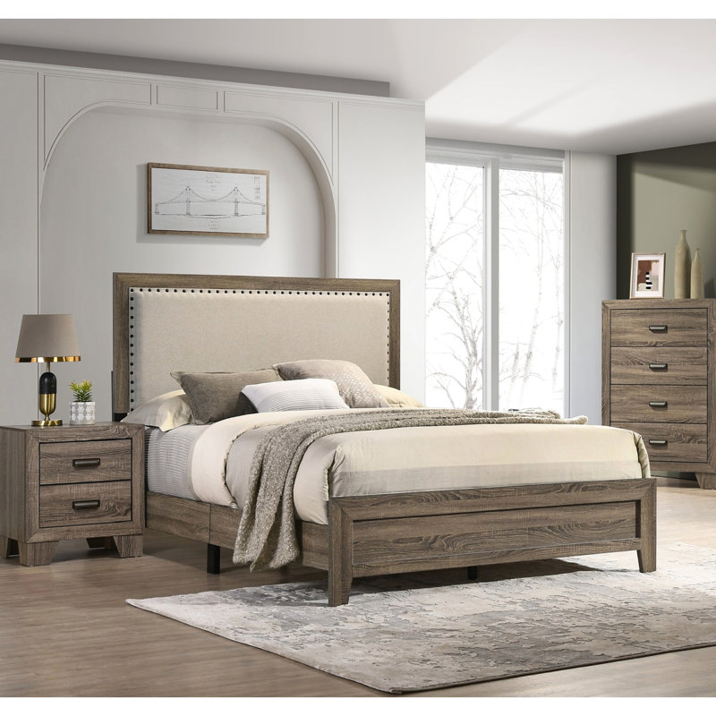 Lit séduisant avec tête de lit tapissier et bordure captivante, Gris, Grand lit