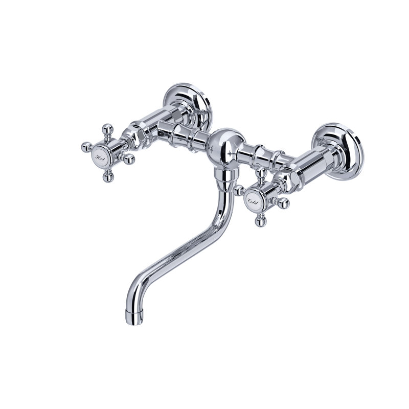 Acqui Wall Mount Bridge Lavatory Faucet, Polished Chrome, Cross Handle