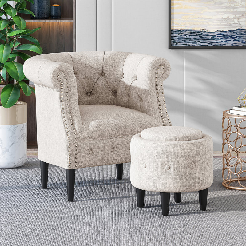 Starks Upholstered Chesterfield Chair with Ottoman, Beige Polyester