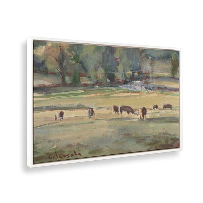 «Grazing Cows» par Stephen Calcasola, reproduction d'art sur toile, «Floater», reproduction encadrée sans passe-par, Blanc