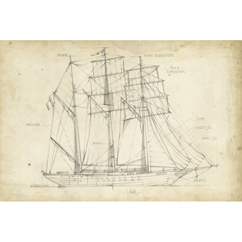 Sailboat Blueprint I by Ethan Harper - Drawing Print, 81cm H x 122cm W, Black Floater Framed