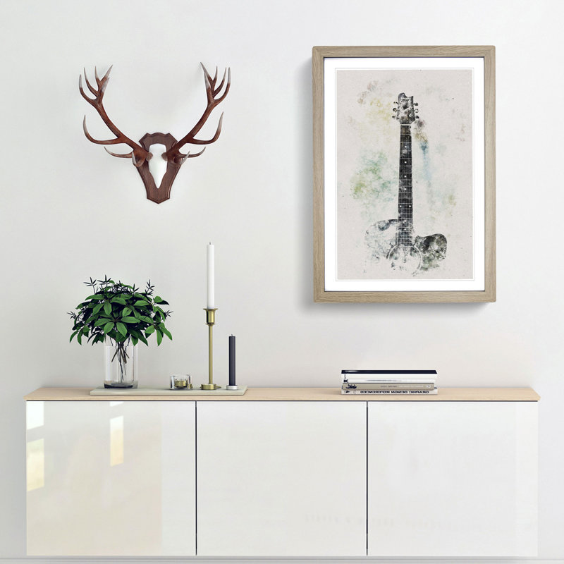 Acoustic Guitar Watercolour - Picture Frame Graphic Art, 45cm H x 33cm W x 2cm D, Oak Framed