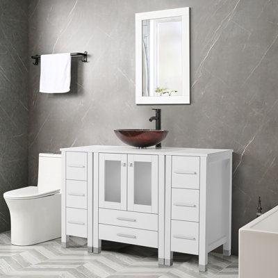Getzel 48 Single Bathroom Vanity with Wood Top, Vessel Sink, Zinc Alloy Faucet, Solid Wood Legs