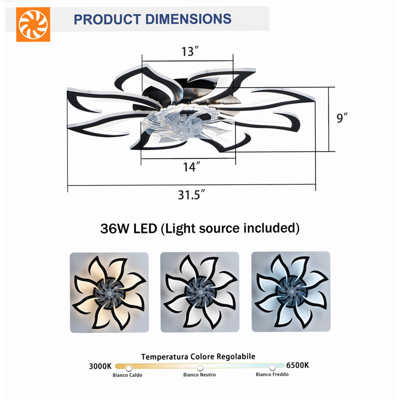 Ventilateur de plafond encastré géométrique moderne à 8 pales avec lumière et télécommande réversible à 6 vitesses, noir mat