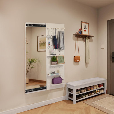 Miroir mural pleine longueur, miroir corps entier avec tablette, miroir corps entier avec crochet Miroir mural avec panneau multifonctionnel, chambre / salon / entrée blanc (47,6 x 15,7 po)