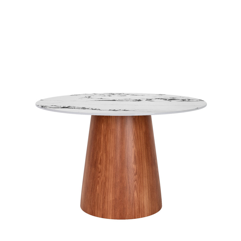 Edward Rubberwood Dining Table with Sintered Stone Top, 29.52" H x 39.37" L x 39.37" W, White Ink, Brown