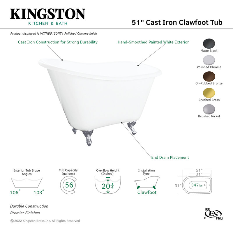 Baignoire sur pattes en fer en forme de D 51 po Tazatina Kingston Brass (sans perçage de robinet), Chrome poli