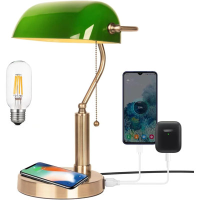 Glass Bankers Desk Lamp with Wireless Charger, 2 USB Charging Port, Vintage Desk Lamp with Pull Chain Switch, Retro Table Lamps for Home Office, Piano, Library (bulb  included)