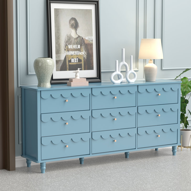9 - Drawer 63.1"w Flower Decoration Dresser, Blue