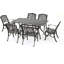 Ensemble de salle à manger de patio en métal pour six personnes avec table rectangulaire avec structure en fonte d'aluminium résistante à la rouille et design élégant en treillis floral.