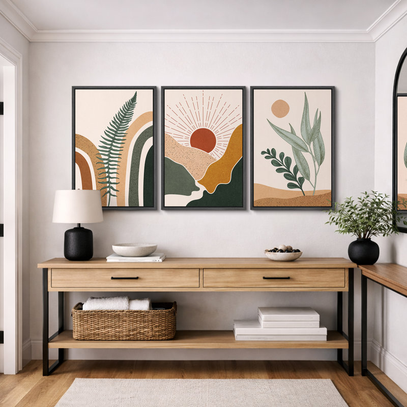 «Mid Century Modern Boho», feuille de fougère abstraite et paysage du désert, Cadre flottant noir, H 36 po x l 72 po 