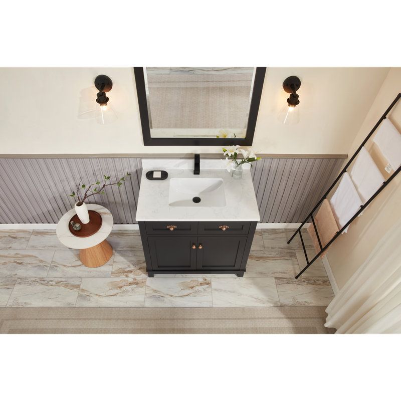 36" Solid Wood Sink Vanity With 1' Artificial Stone Top, Tricorn Black, Rose Gold