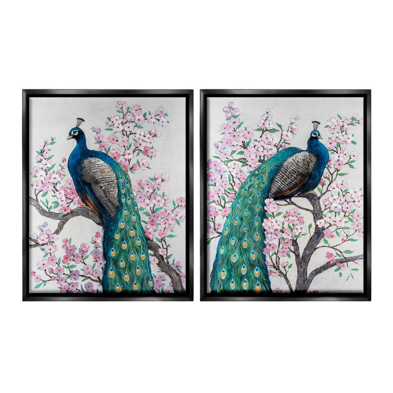 «Floral Peacocks Perché» par Tim Ottoole 2 - Pièces sur, Noir, H 31 po x l 50 po