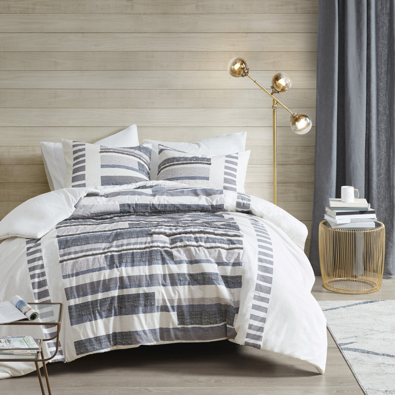 Serena Navy and Gray Cotton King/Cal King 3 Piece Duvet Cover Set