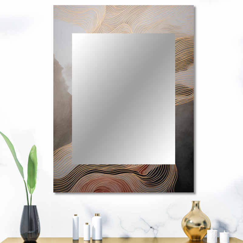 Gold And Grey Linear Expressions I - Line Art Mirror, Modern Unique Wall Mirror, Printed Metal Art, 40" x 30"
