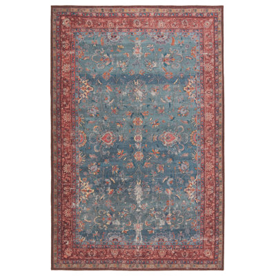 Machine Washable Floral Power Loom Polyester Area Rug in Blue/Red