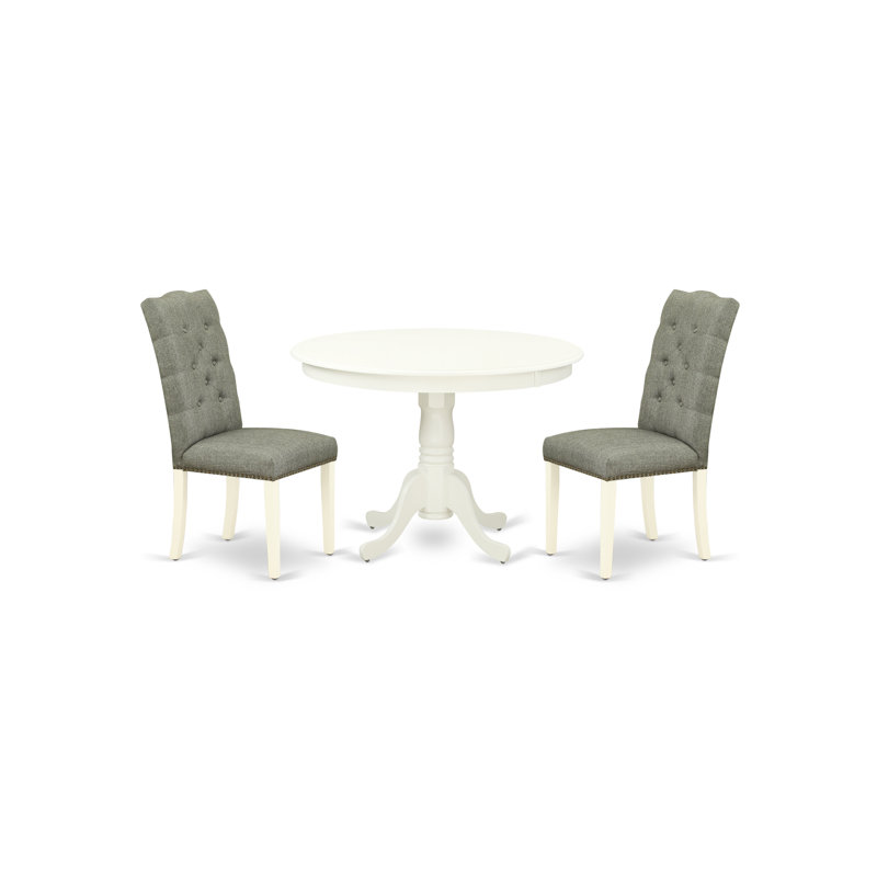 3 Piece Kitchen Table & Chairs Set Contains a Round Dining Room Table with Pedestal and 2 Gray Linen Fabric Parsons Dining Chairs, Linen White