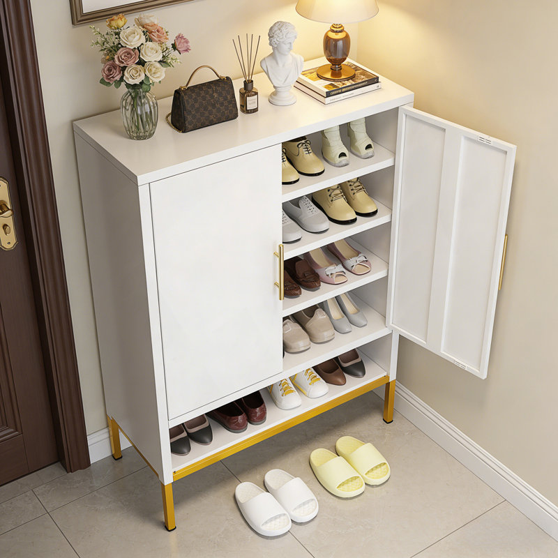Armoire à chaussures à 2 portes, range-chaussures dissimulé à 7 niveaux en métal, armoire de rangement étroite moderne avec tablettes réglables