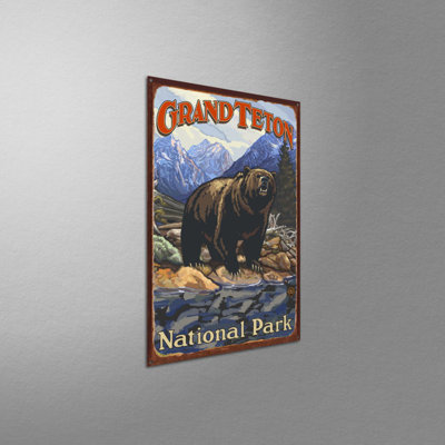 Art of Place - Grand Teton National Park Grizzly On Bank Metal Art Print - By Paul A. Lanquist