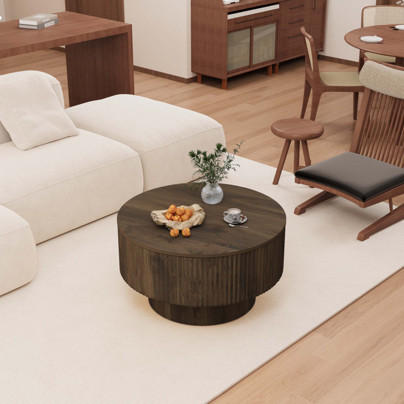 Table basse 29,53 "en bois aggloméré moderne avec motif à rayures circulaires et espace de rangement, convenant à la maison et à la cuisine (noyer)