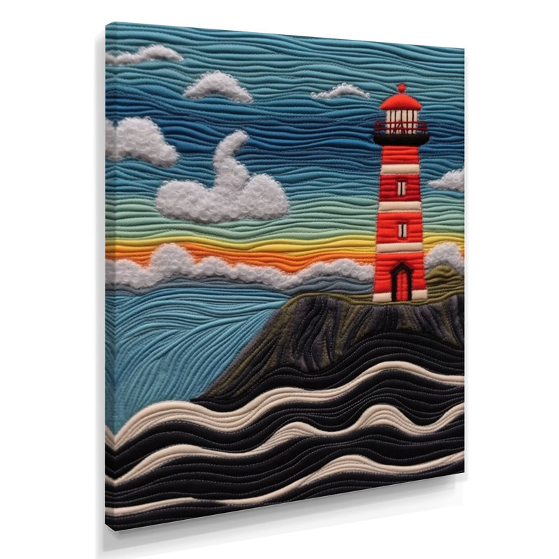 Phare rouge sur le rocher, bleu ciel, broderie - impression d'art mural phares, Toile tendue, H 44 po x l 34 po x P 1,5 po