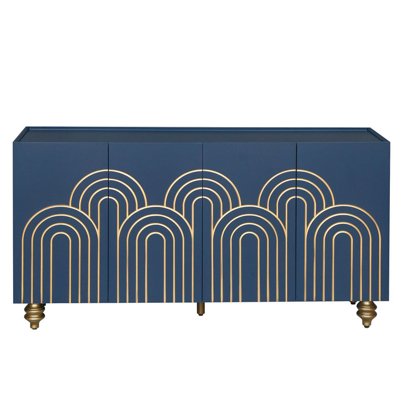 Modern Fluted Sideboard Buffet With Storage, Curve Element With Strict Lines, 4 Doors Storage Cabinet With Adjustable Shelves For Kitchen, Dining Room, Living Room (Navy Blue)