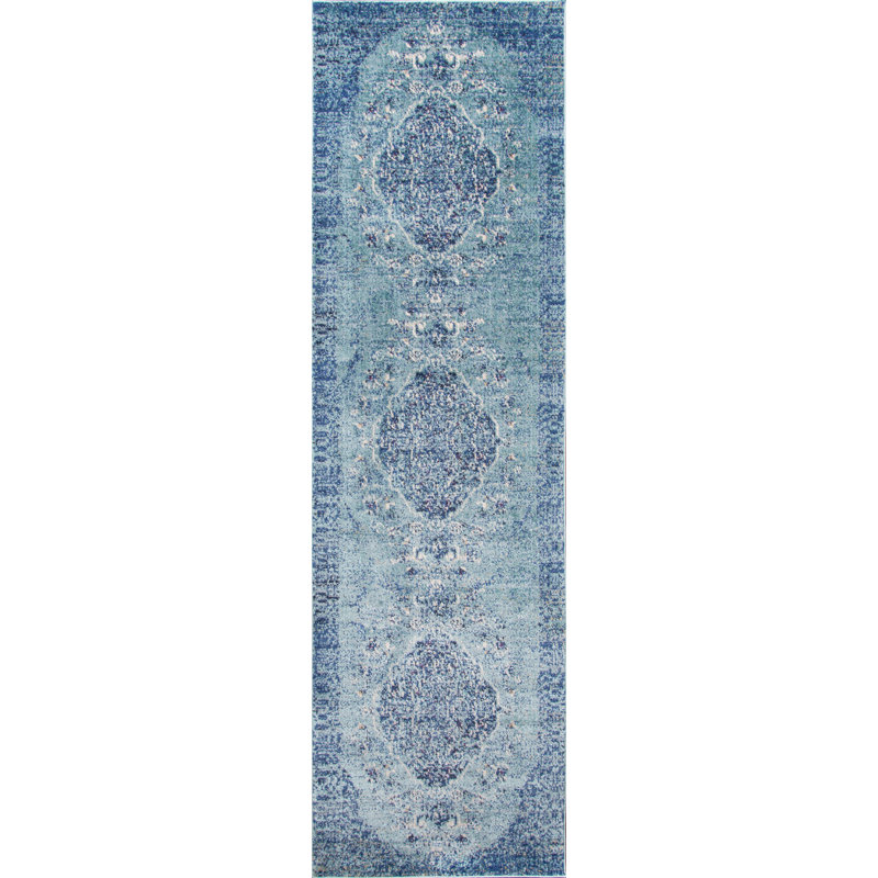 Tapis bleu sarcelle Moscow Loom, Tapis de couloir 2 pi 3 po x 7 pi 6 po