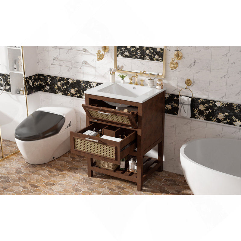 Meuble-lavabo de 24 po avec lavabo intégré en céramique, meuble-lavabo à 1 tiroir profond, 1 tiroir rabattable et meuble-lavabo simple pour petite et moyenne salle de bain