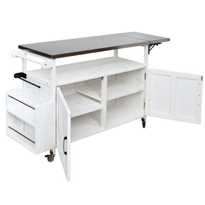 Îlot de cuisine portatif pour l'extérieur avec conception pliable, étagère réglable, étagère à épices, blanc, bois de sapin et fabrication en acier inoxydable pour la surface de la cuisine de jardin, bois, armoire de rangement, espace,