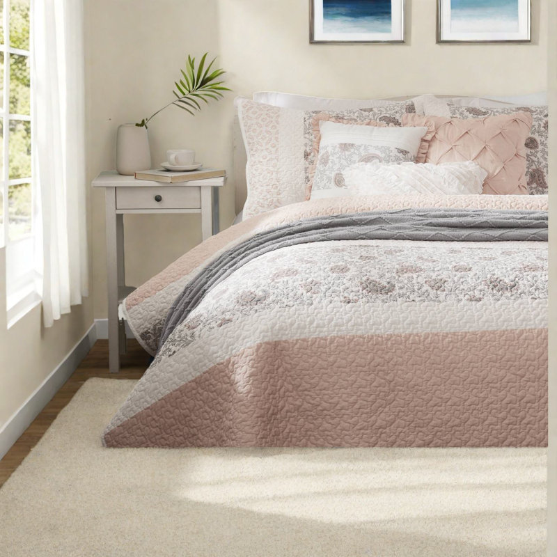 Ensemble de literie en percale de coton 6 pièces Farmhouse avec courtepointe réversible, rosé, double / grand