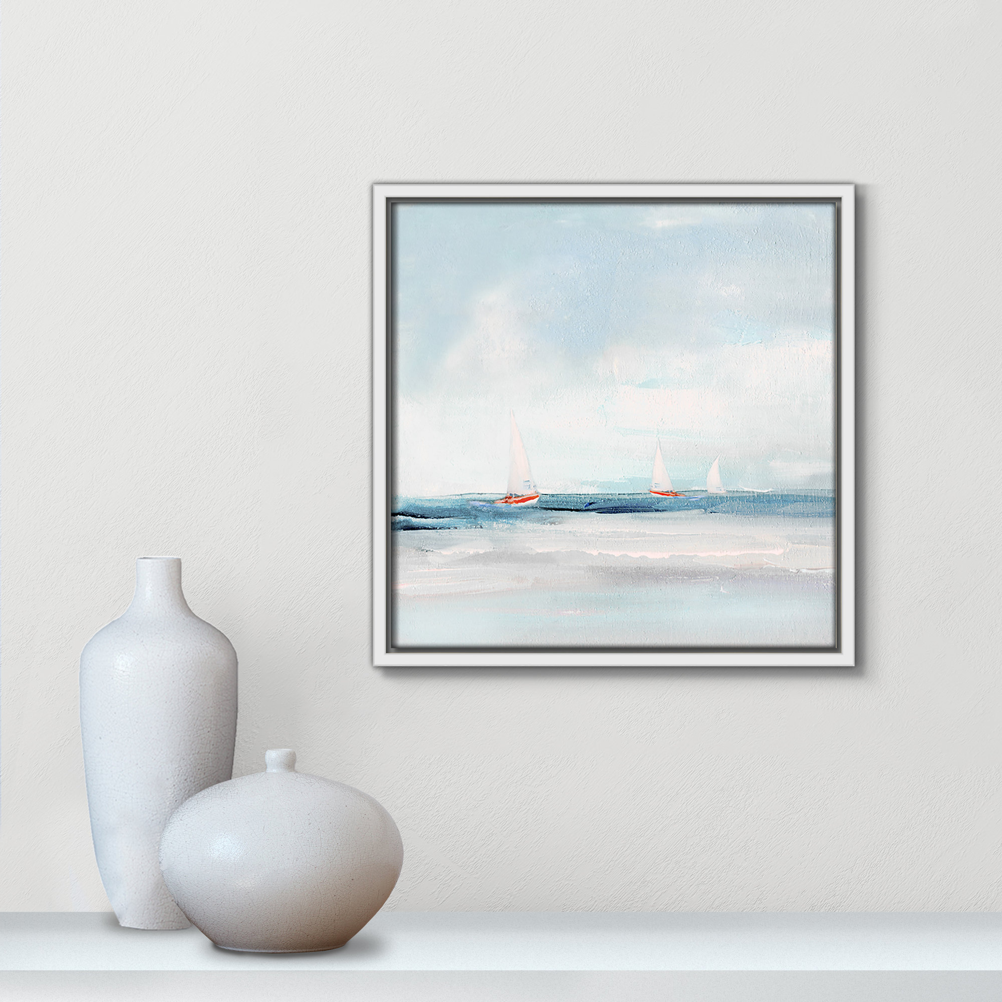 Caribbean Sail by Sally Swatland - Floater Frame Print on Canvas, 13.5" H x 13.5" W x 2" D, White