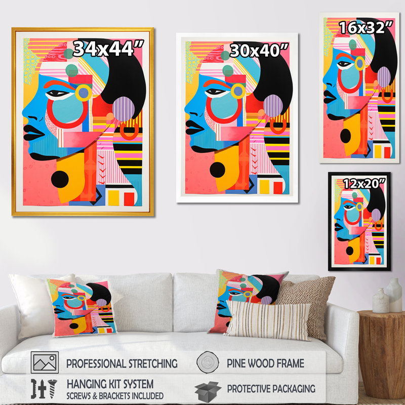 "Pop Art déconstruit, portrait de femme rétro", reproduction d'art sur toile, Cadre simple blanc