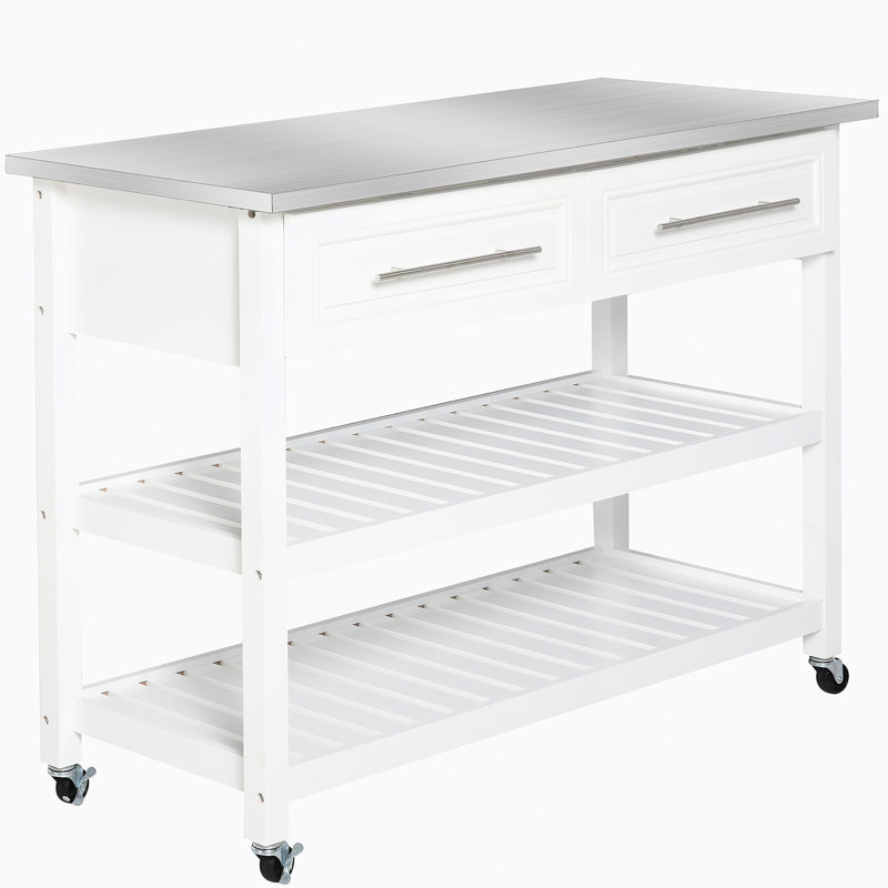 Îlot de cuisine avec plateau en acier inoxydable, tablettes ouvertes, tiroirs, gris