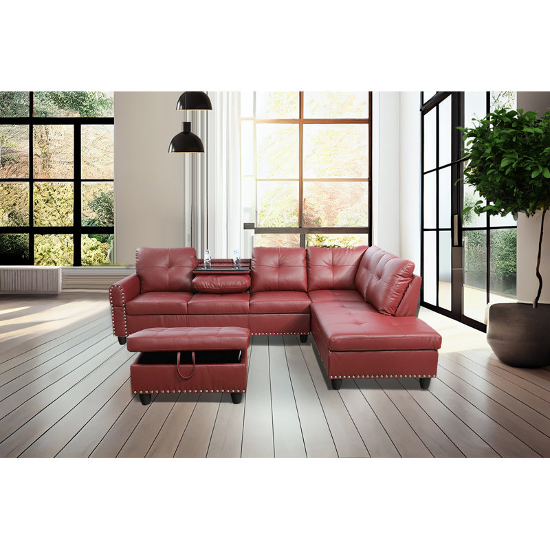 Aamanah 97"Faux Leather Sectional with Ottoman, Red Faux Leather, Right Hand Facing