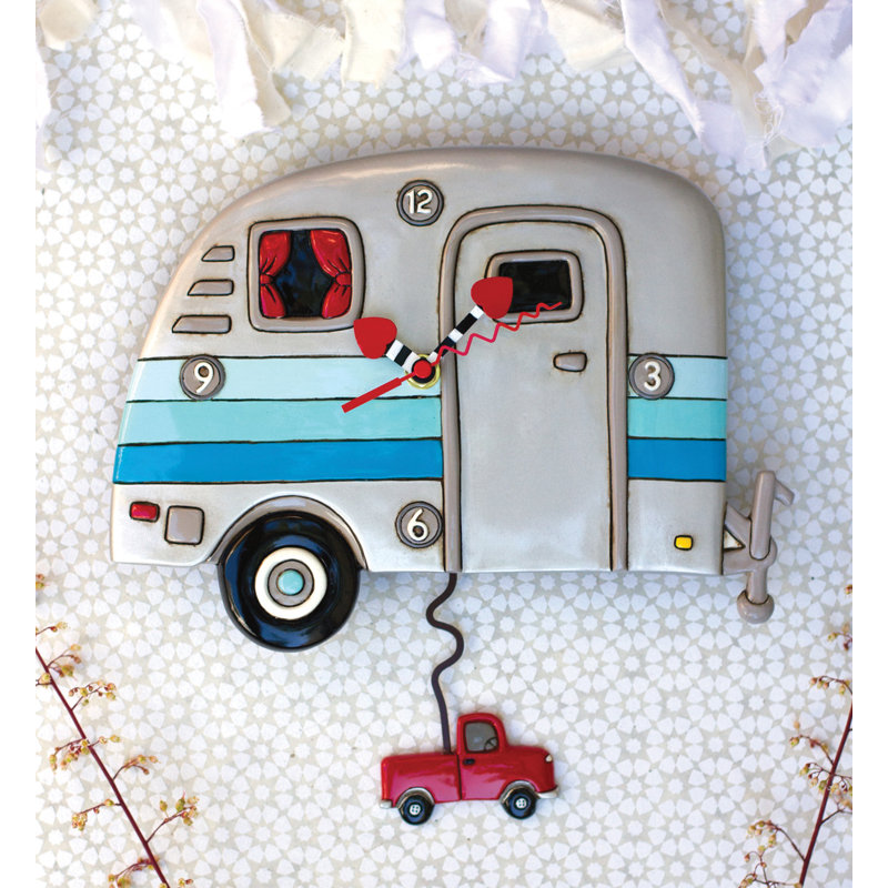 Allen Designs Happy Campers Vintage Trailer Battery Operated Sculpted Pendulum Wall Clock 11 Inch
