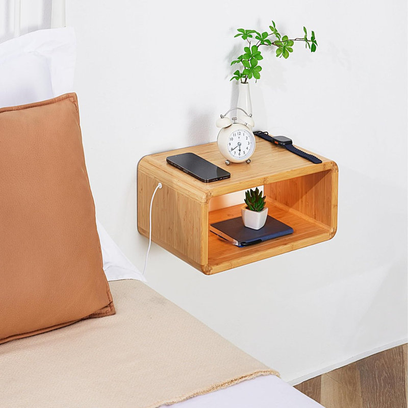 LED Floating Nightstand, Solid Wood Wall-Mounted Bedside Table