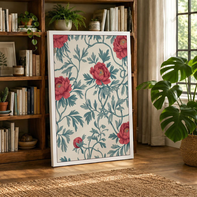 Red Roses and Foliage Botanical - Wrapped Canvas, 36x24 - 91.4 x 61.0 cm, Taupe Border