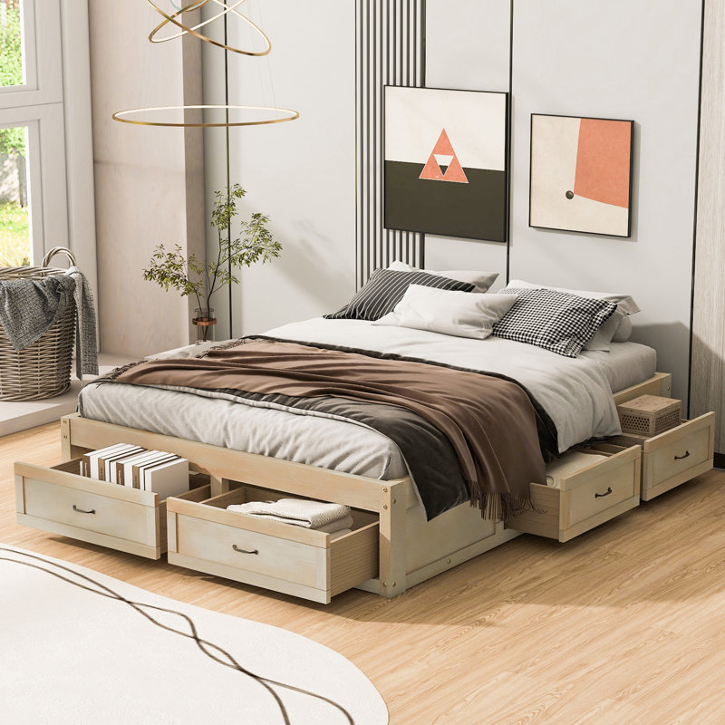 Lit plateforme avec 6 tiroirs de rangement, Naturel antique, Grand lit