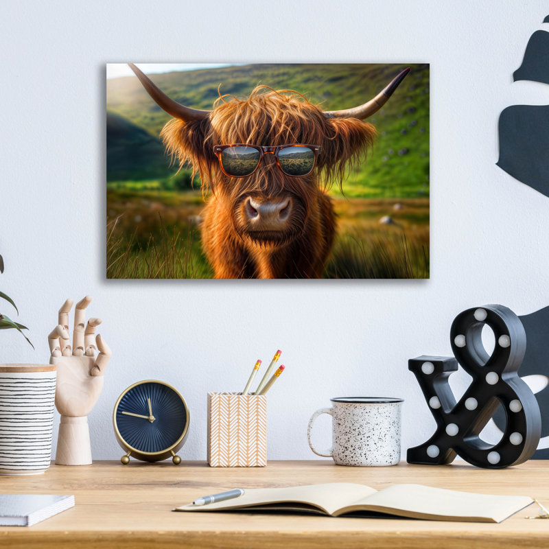  «Highland Cow Sun lunettes 2» par Rey Klimt, art mural en verre acrylique, H 12 po x l 16 po x P 0,13 po