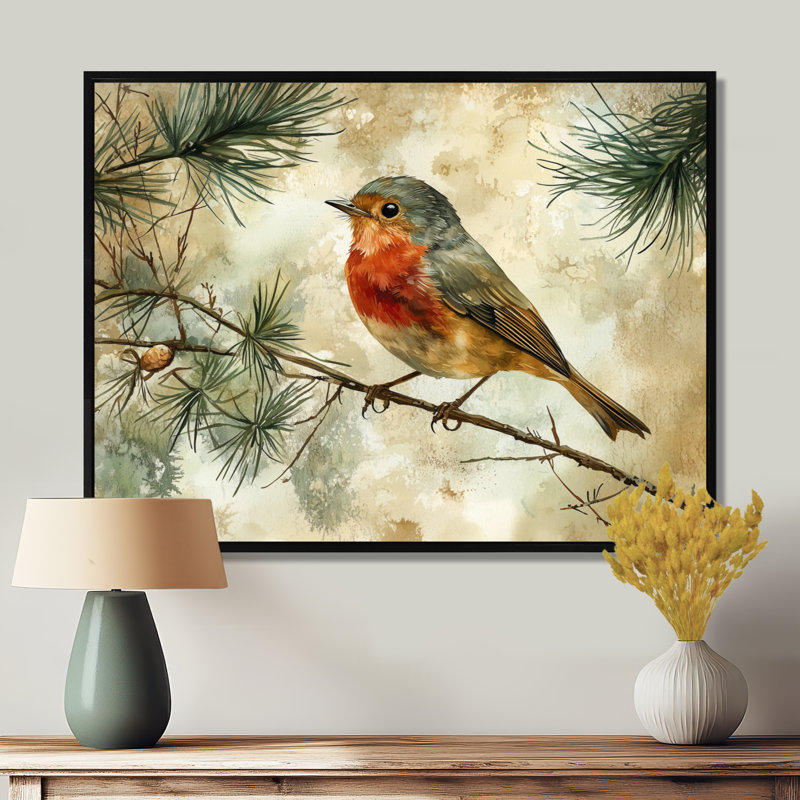 Robin, oiseau dans la canopée I - oiseau, art mural, H 12 po x l 20 po, Avec cadre, Noir