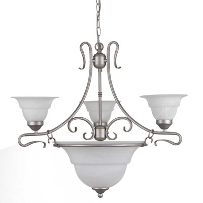  Lustre argenté antique à 6 lumières 1786-8 Toledo avec bol en verre albâtre et abat-jour cloche