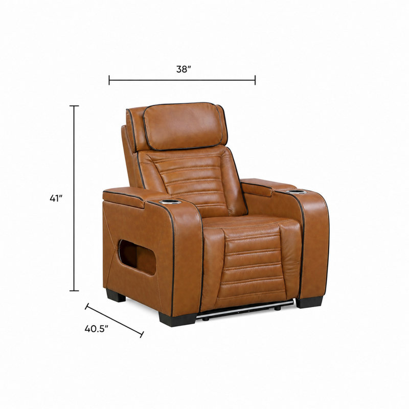 Cyrus Power Recliner w Headrest, Heat Massage, USB Ports, LED, Brown Leather, Brown Faux Leather