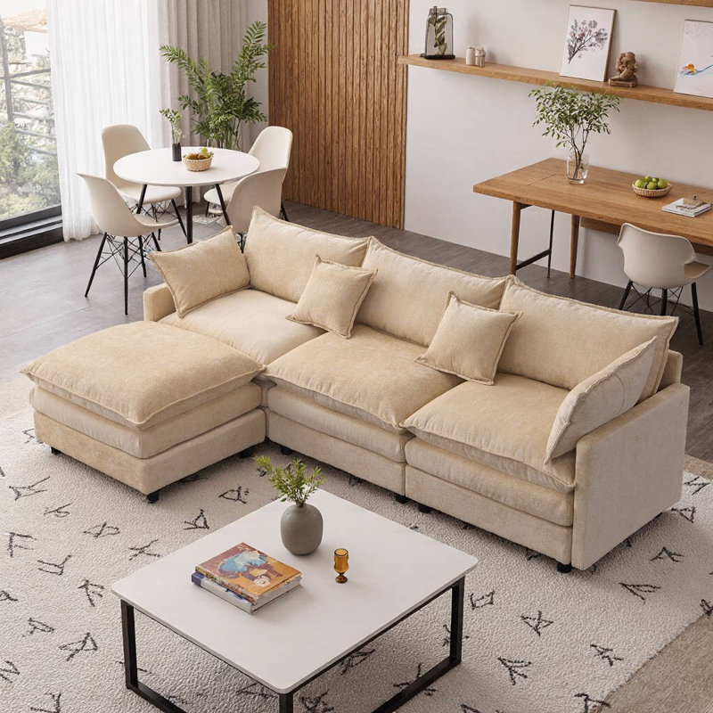 Canapé modulaire en L 105 po avec repose-pieds modulaire de 105 po en L chenille doux, Café