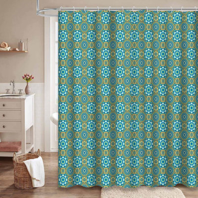 Rideau de douche géométrique à carreaux bleus et verts avec 12 crochets