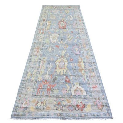Tapis de couloir gris en laine noué à la main de conception unique 4 pi x 11 pi 7 po Demeter